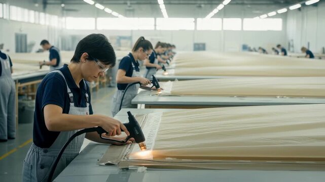 Seamstresslike workers delicately aligning and heatsealing long envelope fabrics preparing giant panels for rigid airship assembly.