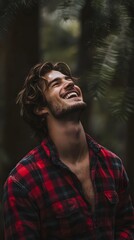 Obraz premium A man with a happy expression in a plaid shirt outdoors.