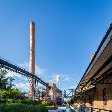 Durham, NC; 08/03/2025; Photo of the Lucky Strike tower on the campus of the American Tobacco institute in downtown Durham.
