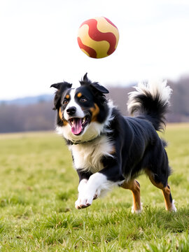 Stabyhoun Retrieving Ball in Wide-Open Field: Active Dog in Action