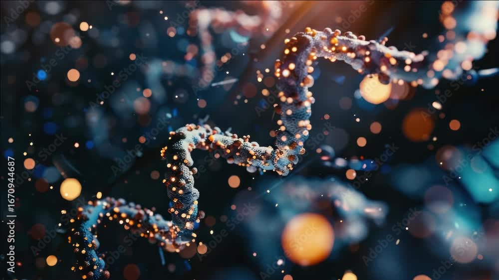 Poster close up of dna double helix with bright lights illuminating the molecule in a microscopic view.