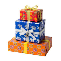 Festive stack of Diwali gifts wrapped in colorful paper isolated on white background