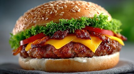 Hamburger with cheese bacon lettuce and tomato on a sesame seed bun.