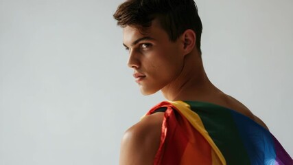 A man wearing a rainbow flag. He is wearing a shirt and a tie. He is standing in front of a white wall - Powered by Adobe