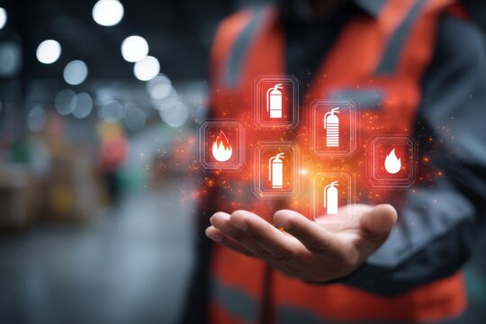 Worker holding holographic fire safety extinguisher icon