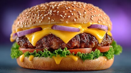 A burger with cheese lettuce tomato and onion on a sesame seed bun.