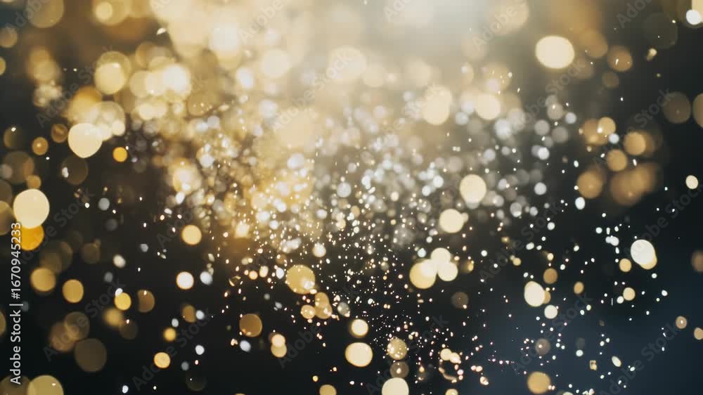 Poster luminous confetti particles creating an aura of celebration and sparkle at night, with bokeh effect 