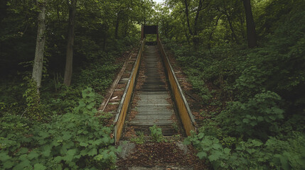 Abandoned Stairway in Overgrown Forest. An eerie abandoned concrete stairway stretches upwards through dense overgrown vegetation