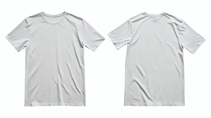 Plain light gray T-shirt mockup, short sleeves, round neckline, front and back views, smooth fabric, minimalist apparel design on white background