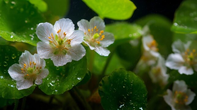 Hydrocotyle leucocephala, Brazilian Pennywort aquatic plant blossom. Garden pond and aquarium aquatic plant blossom macro closeup photo