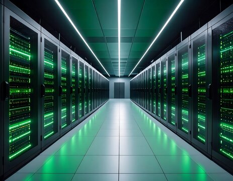 Server room interior, glowing green lights
