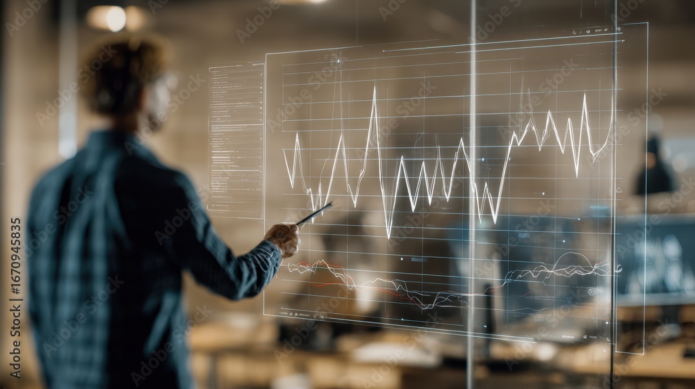 Poster close medium shot of a designer engaged with ai feedback graphs on a touchscreen monitor the room be