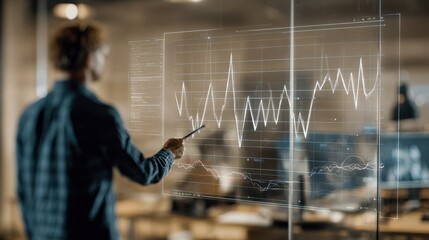 Close medium shot of a designer engaged with AI feedback graphs on a touchscreen monitor the room behind rendered out of focus emphasizing data interaction.