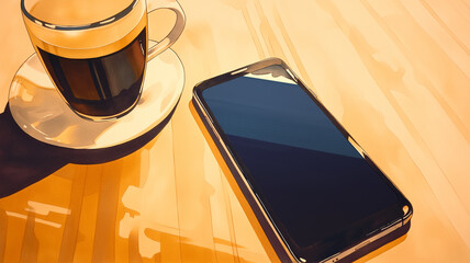 シンプルなカフェ空間を背景に、机に置かれたスマートフォンを描いたアニメイラスト。現代的なライフスタイルやテクノロジーを象徴する構図が特徴的なイラストレーション。