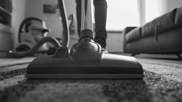 A person operating an upright vacuum cleaner, ready to tackle the cleanliness of a home environment. Corded, powerful floor sweeper used for deep carpet or surface cleaning.