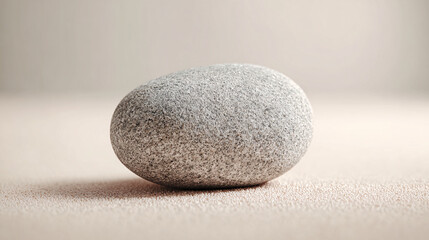 close-up of a single smooth light-grey pebble on soft pastel cream background, sharp detailed texture, minimalist zen composition with generous negative space