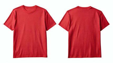 Plain red T-shirt mockup, short sleeves, round neckline, front and back views, smooth fabric, minimalist apparel design on white background