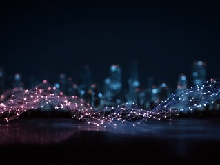 Blurred cityscape backdrop with a network of interconnected pinkblue nodes spanning the foreground