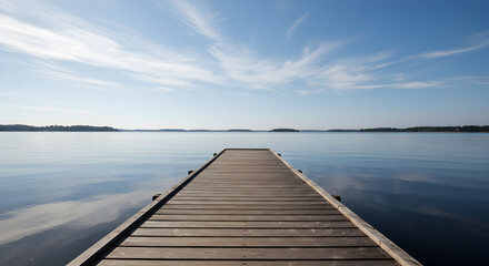 Obraz premium Tranquil Wooden Pier on Calm Lake Under Blue Sky with Reflection