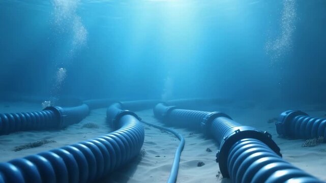 Submerged pipelines on the ocean floor, bathed in sunlight filtering through deep blue water, with a gentle stream of rising air bubbles. Depicts critical subsea infrastructure.