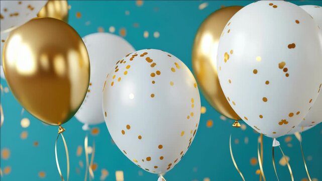 Gold and white celebratory balloons with glittery confetti, ideal for festive occasions like birthdays or holidays.
