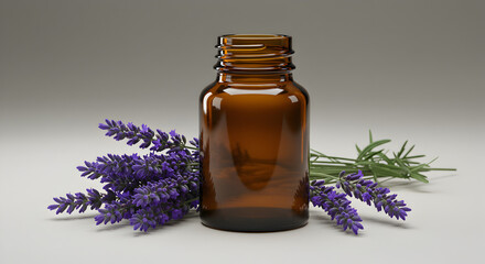 Amber Glass Bottle with Lavender Flowers and Herbs for Aromatherapy & Natural Wellness