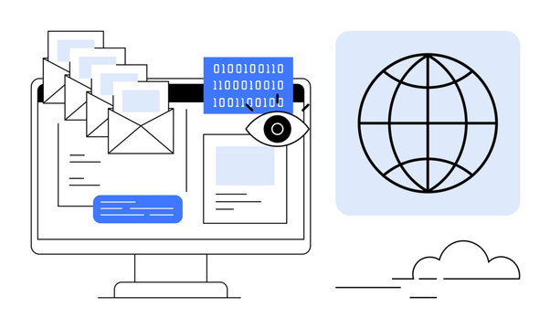 Emails displayed on a computer screen, accompanied by binary code and an eye. Globe icon suggests internet usage. Ideal for themes thumbs up cybersecurity, data monitoring, networking, email