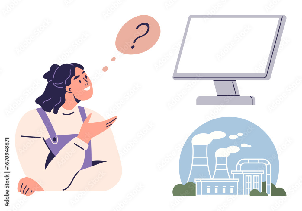 Aufkleber woman with curious expression and question mark thinking about technological solutions, factory with