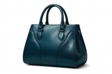 Stylish teal leather handbag with double handles, isolated on a transparent background, perfect for showcasing elegance and fashion