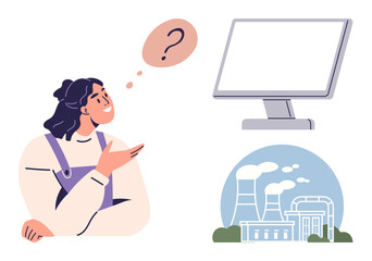 Woman with curious expression and question mark thinking about technological solutions, factory with emissions, and computer screen. Ideal for sustainability, ecology, technology, education