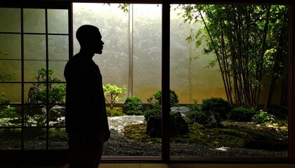 Fototapeta premium Contemplative silhouette observing serene Japanese garden with bamboo and lush greenery