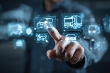 Fototapeta premium Truck driver pointing at holographic fleet management system