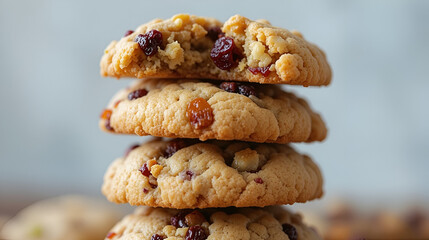 Stacked Delight: A mouthwatering stack of cranberry pistachio cookies, capturing the perfect balance of sweetness and nuttiness, a close up shot.