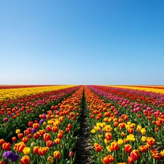 Seamless panoramic wallpaper of colorful flower field under blue sky, low angle view, vibrant nature background, endless floral pattern design.