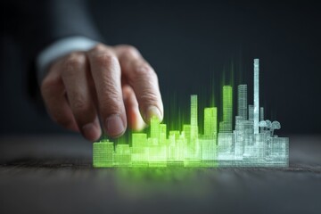 Sustainability officer swiping holographic carbon footprint dashboard