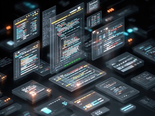 Digital displays with code Floating transparent screens filled with colorful code on a dark reflective surface