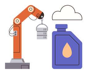 Robotic arm lifting data server near cloud icon and liquid container. Ideal for automation, industry, data processing, cloud computing, manufacturing, technology, and innovation concepts. Minimalist