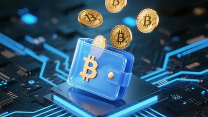 Digital wallet with golden Bitcoin coins falling onto a futuristic circuit board, symbolizing cryptocurrency transactions and secure online finance. - Powered by Adobe