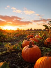 Pumpkin Field During Sunset With Vibrant Orange Pumpkins and Dramatic Clouds in the Sky