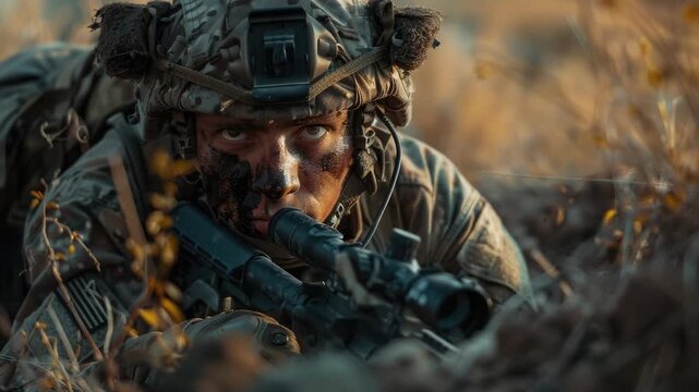 Armed soldier with modern firearms and tactical gear in a wilderness setting, prepared for combat or training exercises.
