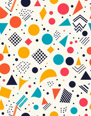playful scattered geometric pattern with circles triangles diamonds lines zigzags dots in vibrant red orange yellow teal black on white background for abstract design