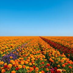 Fototapeta premium Seamless panoramic wallpaper of colorful flower field under blue sky, low angle view, vibrant nature background, endless floral pattern design.