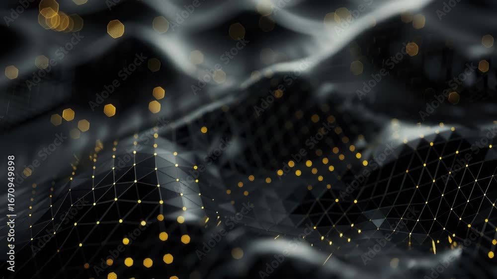 Poster Modern cyber design with glowing orbs, fractal shapes, and geometric patterns in neon colors on a dark backdrop.