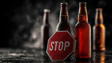 Three beer bottles with a stop sign leaning against them, inviting viewers to reflect on the importance of responsible alcohol consumption