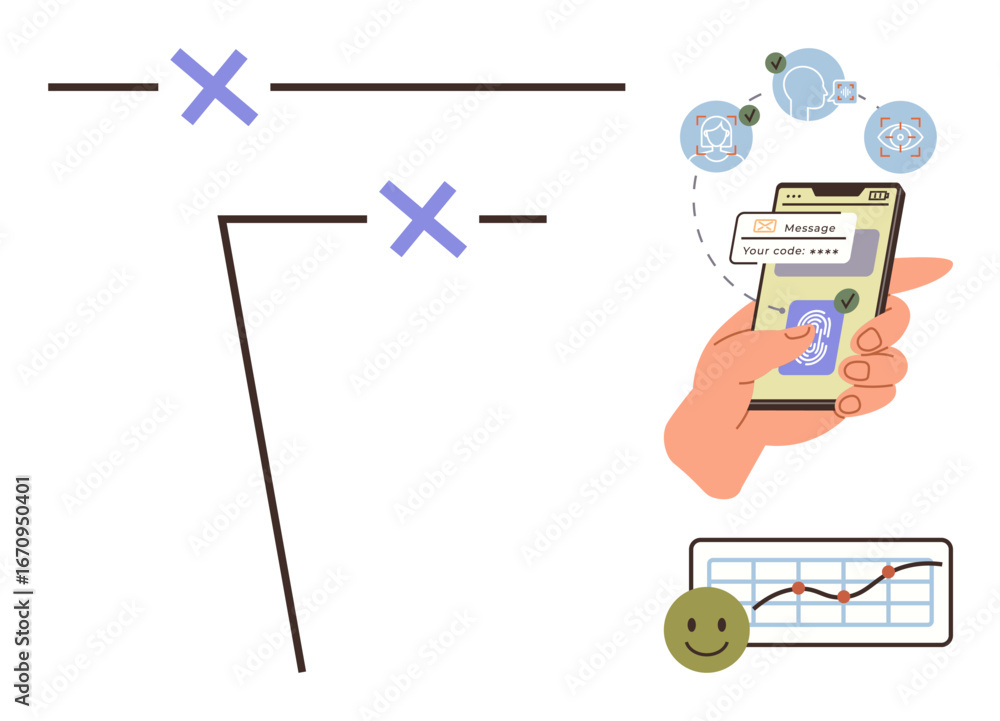 Poster hand holding phone for two-factor authentication with fingerprint scan, verification code, graphs, a