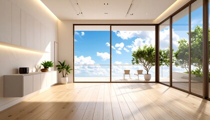 Modern minimalist interior design with stunning sky view, creating a peaceful atmosphere