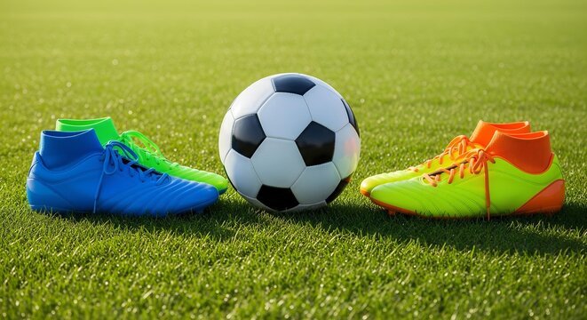 Regulation football centered between neon blue, green, and orange cleats on a manicured field in daylight.