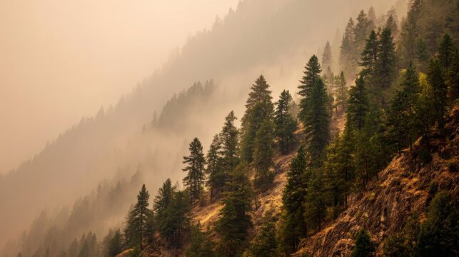 Trees on the side of a mountain in a valley covered by smoke from Forest Wildfire. Nature Disaster. Lytton, British Columbia, Canada.