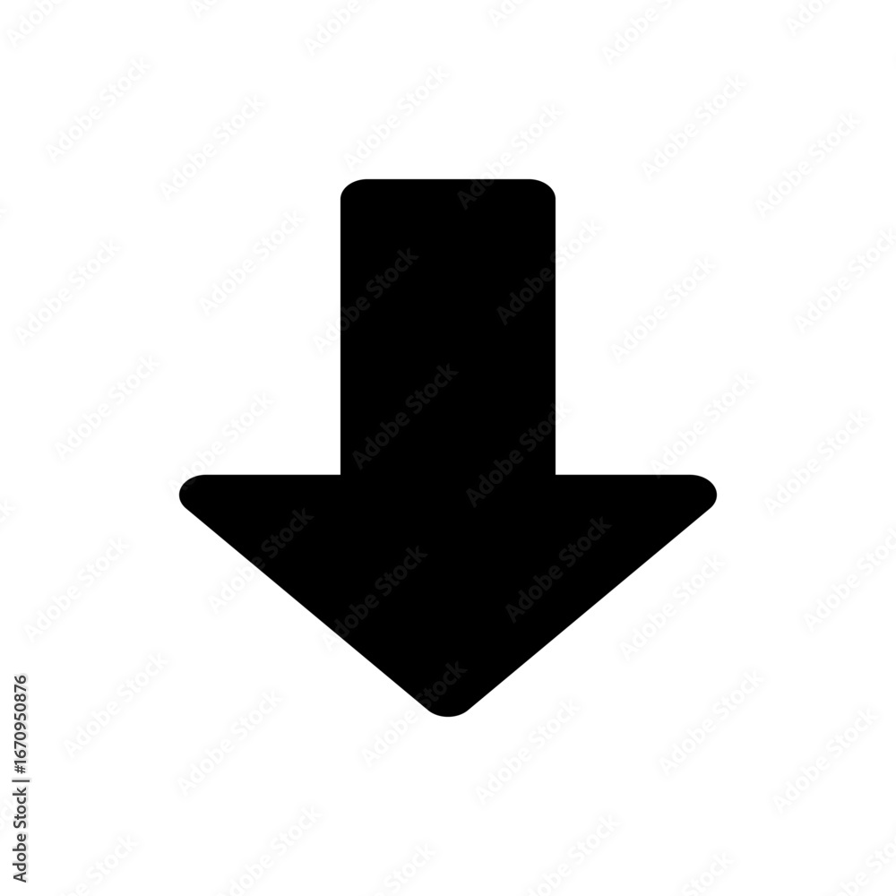 Poster black downward arrow with rounded edges pointing down on a white background indicating direction or 
