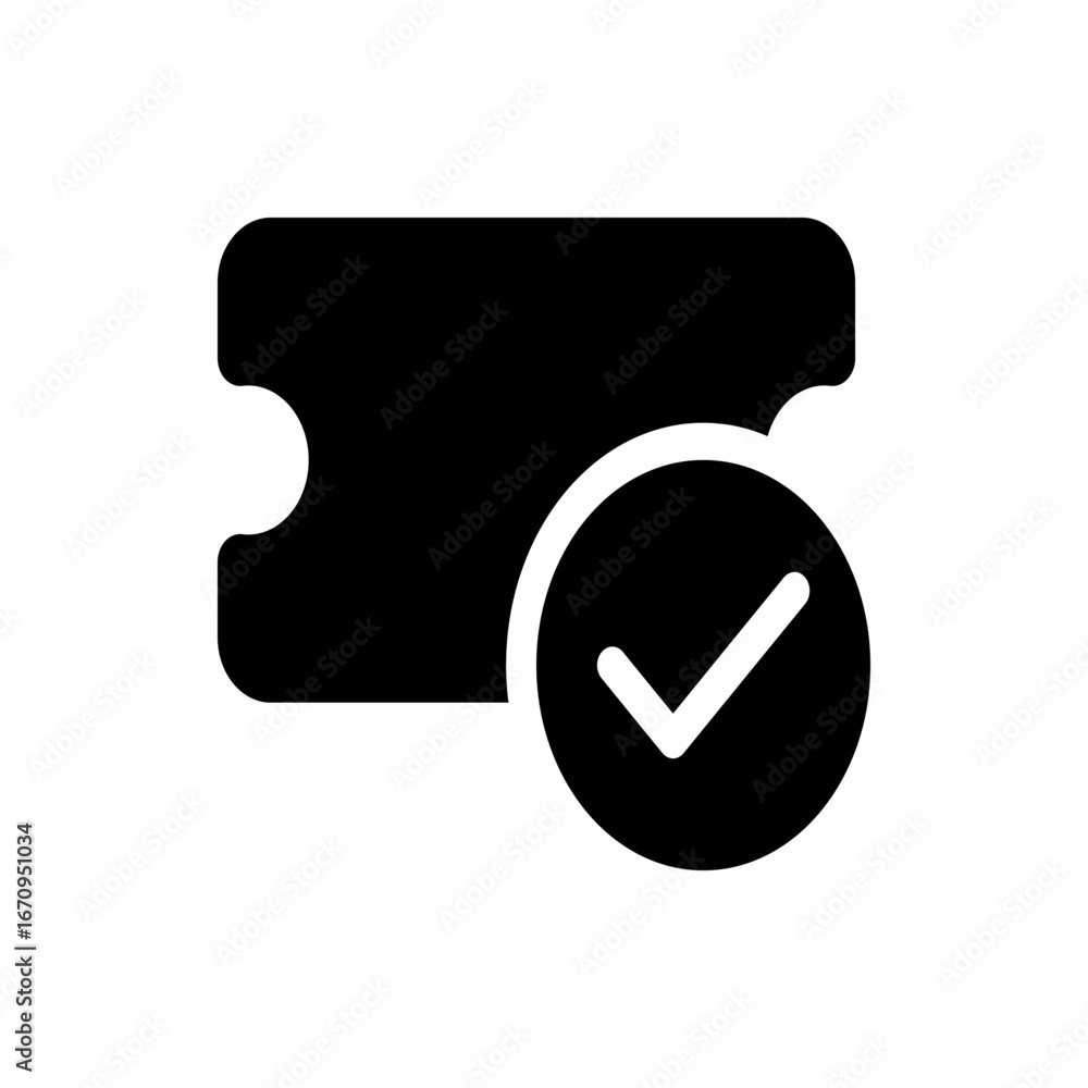 Poster black ticket with rounded edges and a semicircular cutout next to a white circle with a check mark i